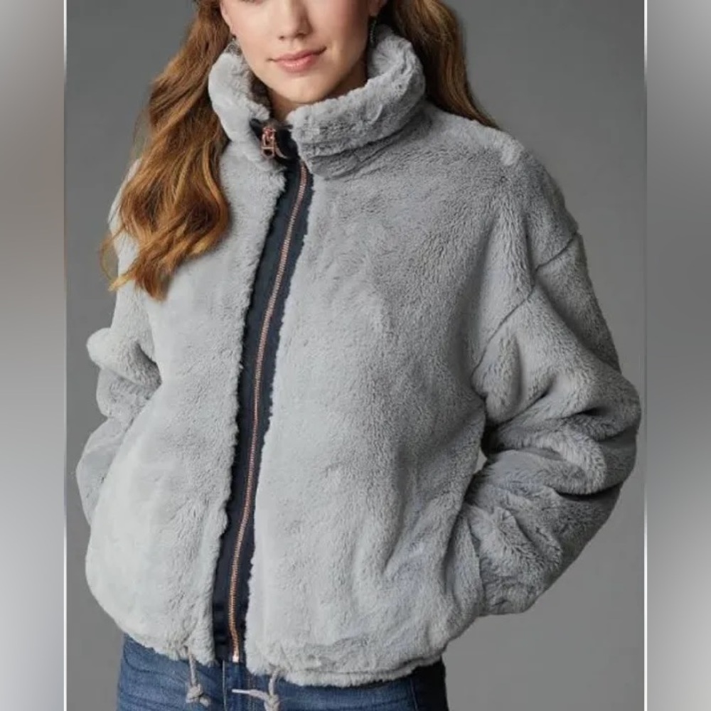 Lucky Brand Size S Missy Faux Fur Plush Teddy Bear Jacket Chambray Gray